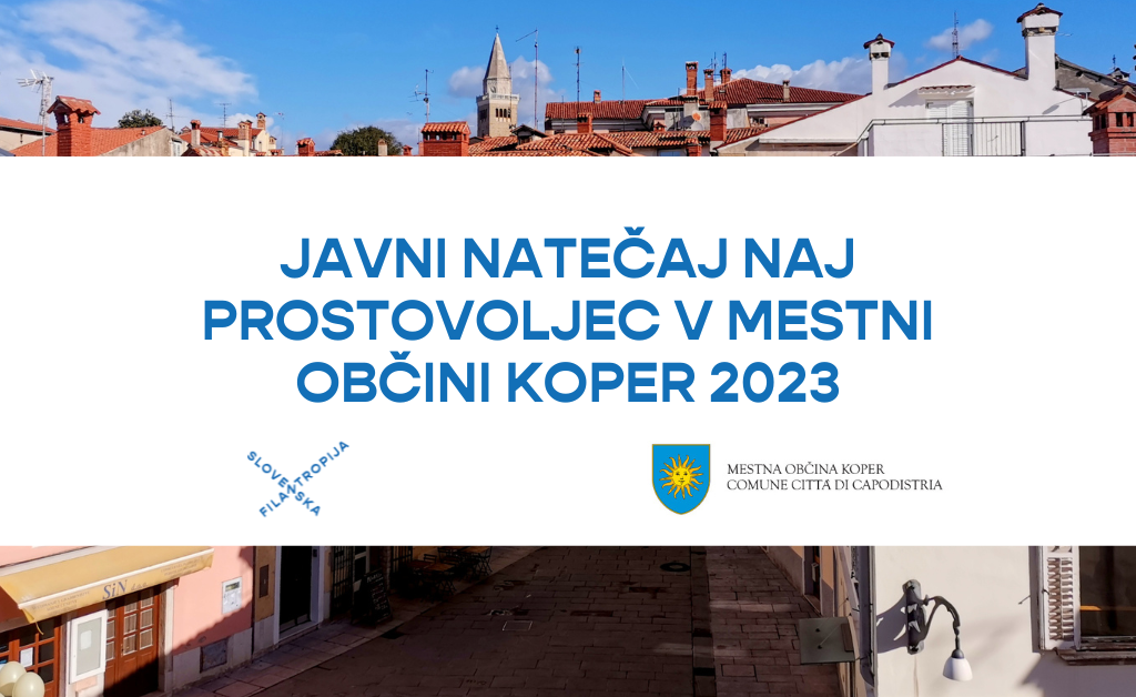 Napis Javni natečaj naj prostovoljec v Mestni občini Koper 2023, v ozadju mesto Koper